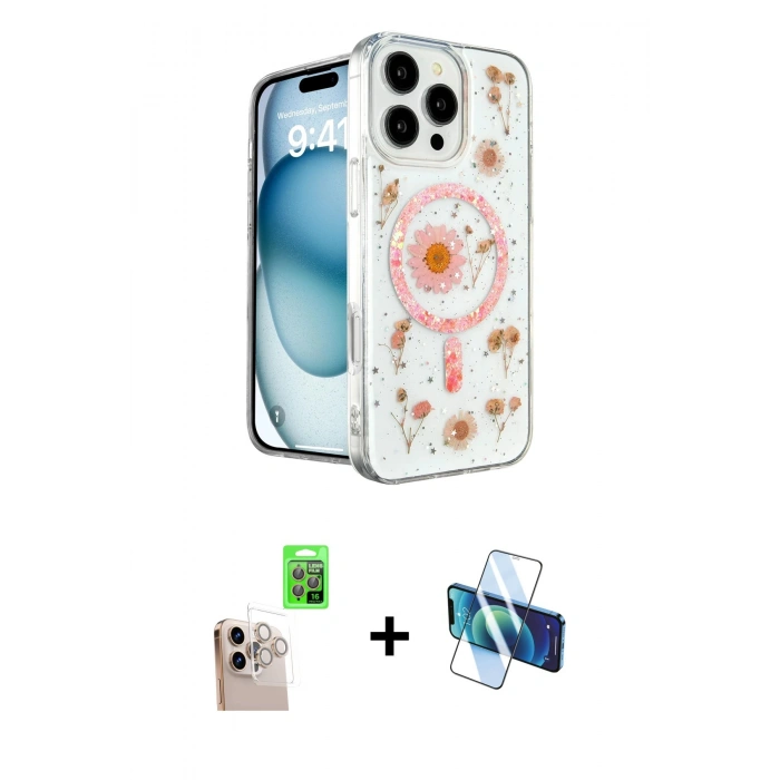 MARSİLYAN™- iPhone 16 Pro Max Kılıf Kozmos Doku - Siyah 3D Antistatik Seramik Nano Ekran Koruyucu + Raze Metal Kamera Lens - NLGY
