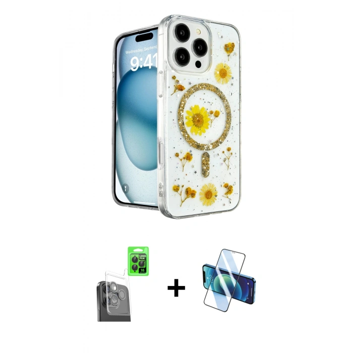 MARSİLYAN™- iPhone 16 Pro Max Kılıf Kozmos Doku - Siyah 3D Antistatik Seramik Nano Ekran Koruyucu + Raze Metal Kamera Lens - SH