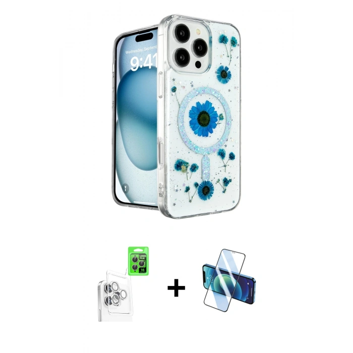 MARSİLYAN™- iPhone 16 Pro Max Kılıf Kozmos Doku - Siyah 3D Antistatik Seramik Nano Ekran Koruyucu + Raze Metal Kamera Lens - BZ