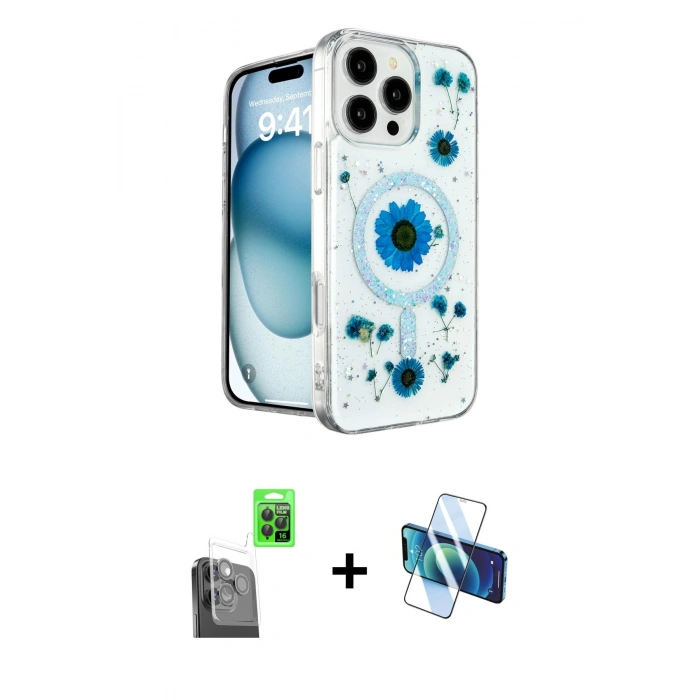 MARSİLYAN™- iPhone 16 Pro Max Kılıf Kozmos Doku - Siyah 3D Antistatik Seramik Nano Ekran Koruyucu + Raze Metal Kamera Lens - SH