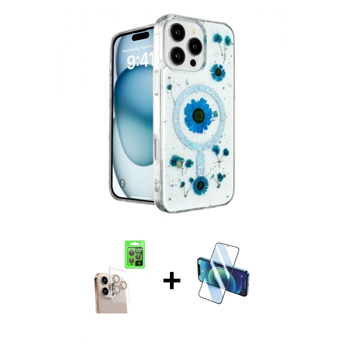 MARSİLYAN™- iPhone 16 Pro Max Kılıf Kozmos Doku - Siyah 3D Antistatik Seramik Nano Ekran Koruyucu + Raze Metal Kamera Lens - NLGY