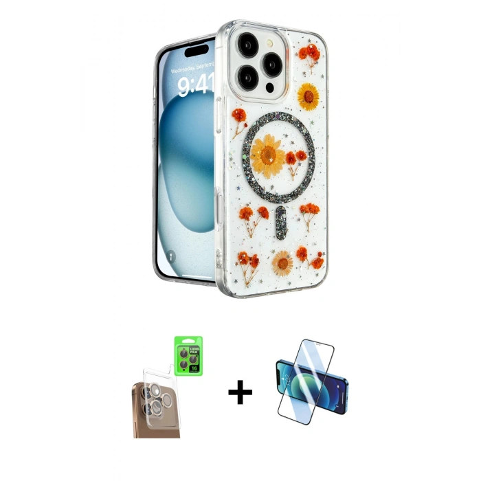 MARSİLYAN™- iPhone 16 Pro Max Kılıf Kozmos Doku - Siyah 3D Antistatik Seramik Nano Ekran Koruyucu + Raze Metal Kamera Lens - CLTM