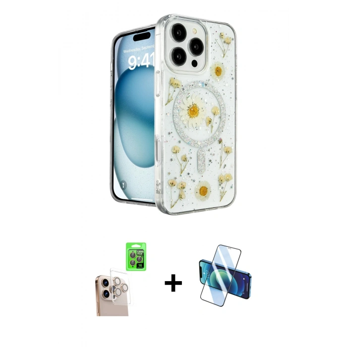 MARSİLYAN™- iPhone 16 Pro Max Kılıf Kozmos Doku - Siyah 3D Antistatik Seramik Nano Ekran Koruyucu + Raze Metal Kamera Lens - NLGY