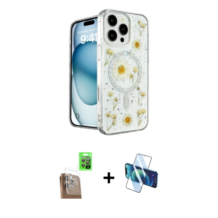MARSİLYAN™- iPhone 16 Pro Max Kılıf Kozmos Doku - Siyah 3D Antistatik Seramik Nano Ekran Koruyucu + Raze Metal Kamera Lens - CLTM