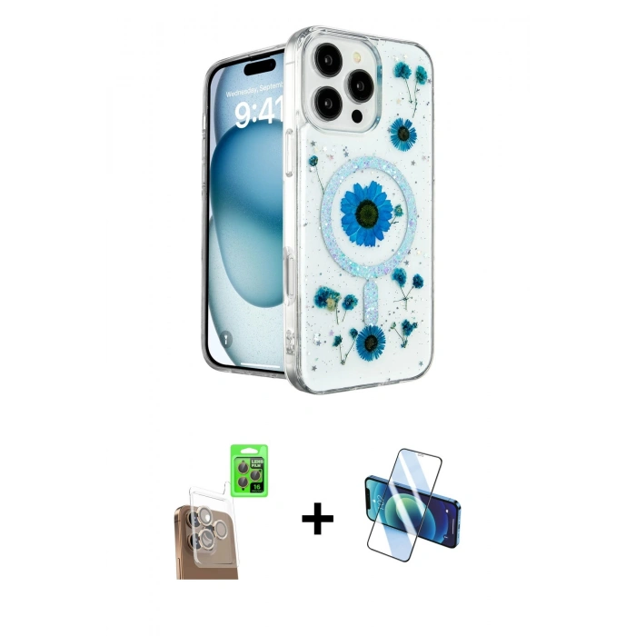 MARSİLYAN™- iPhone 16 Pro Max Kılıf Kozmos Doku - Siyah 3D Antistatik Seramik Nano Ekran Koruyucu + Raze Metal Kamera Lens - CLTM