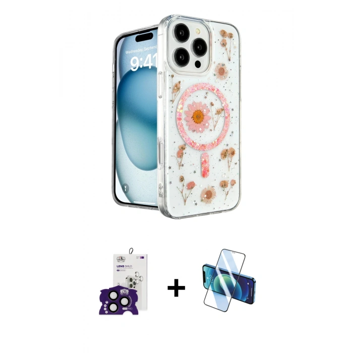 MARSİLYAN™- iPhone 16 Pro Max Kılıf Kozmos Doku - Siyah 3D Antistatik Seramik Nano Ekran Koruyucu + Bilvis Titan Kamera Lens - SH