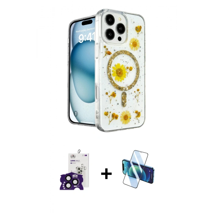MARSİLYAN™- iPhone 16 Pro Max Kılıf Kozmos Doku - Siyah 3D Antistatik Seramik Nano Ekran Koruyucu + Bilvis Titan Kamera Lens - SH