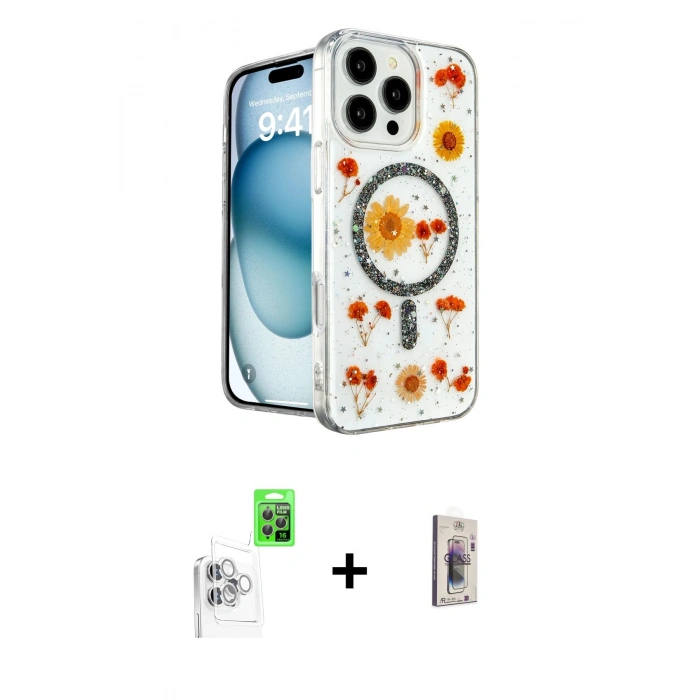 MARSİLYAN™- iPhone 16 Pro Max Kılıf Kozmos Doku - Siyah Bilvis 3D Cam Ekran Koruyucu + Raze Metal Kamera Lens - BZ