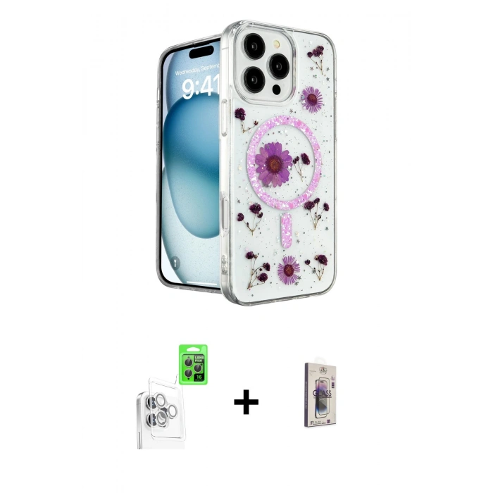 MARSİLYAN™- iPhone 16 Pro Max Kılıf Kozmos Doku - Siyah Bilvis 3D Cam Ekran Koruyucu + Raze Metal Kamera Lens - BZ