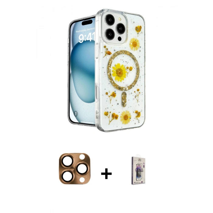 MARSİLYAN™- iPhone 16 Pro Max Kılıf Kozmos Doku - Siyah Bilvis 3D Cam Ekran Koruyucu + Çöl Titanyum Pers Alüminyum Kamera Lens