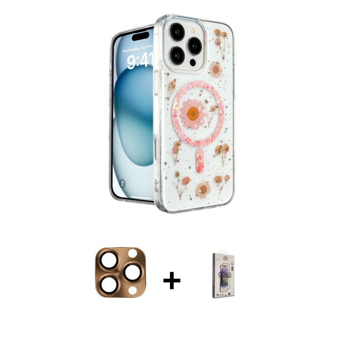 MARSİLYAN™- iPhone 16 Pro Max Kılıf Kozmos Doku - Siyah Bilvis 3D Cam Ekran Koruyucu + Çöl Titanyum Pers Alüminyum Kamera Lens