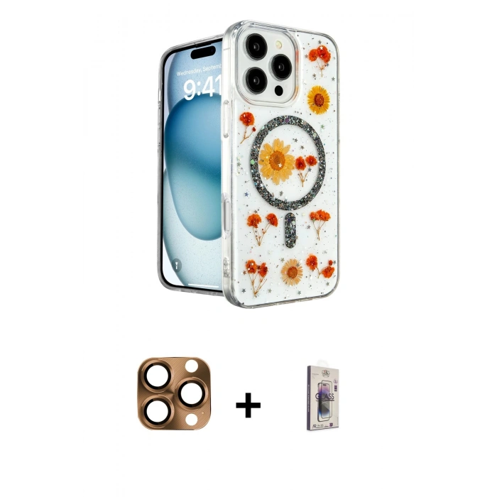 MARSİLYAN™- iPhone 16 Pro Max Kılıf Kozmos Doku - Siyah Bilvis 3D Cam Ekran Koruyucu + Çöl Titanyum Pers Alüminyum Kamera Lens