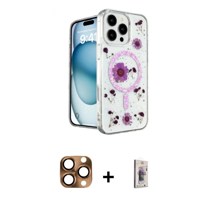 MARSİLYAN™- iPhone 16 Pro Max Kılıf Kozmos Doku - Siyah Bilvis 3D Cam Ekran Koruyucu + Çöl Titanyum Pers Alüminyum Kamera Lens