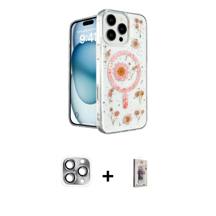MARSİLYAN™- iPhone 16 Pro Max Kılıf Kozmos Doku - Siyah Bilvis 3D Cam Ekran Koruyucu + Gri Pers Alüminyum Kamera Lens