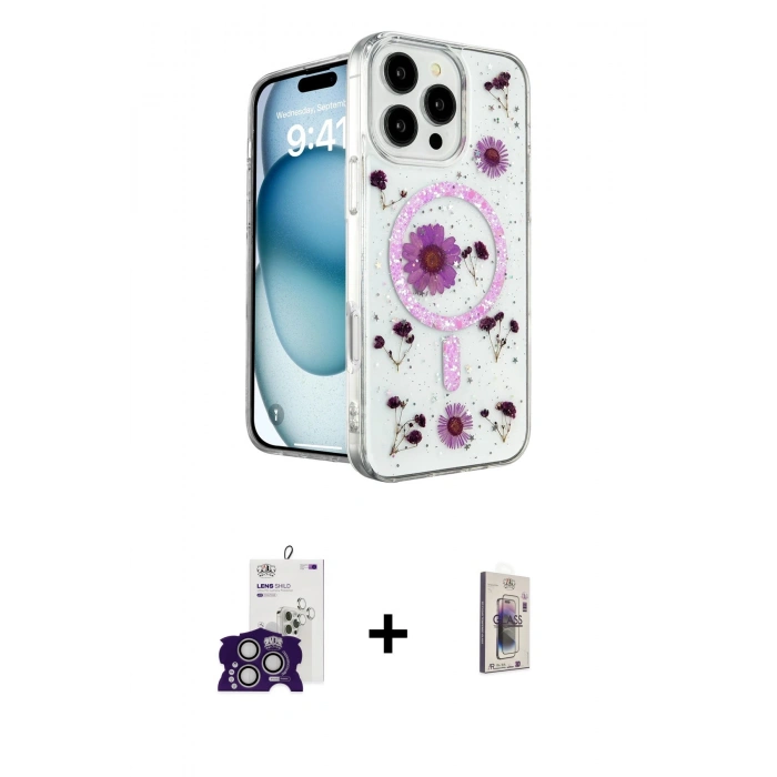MARSİLYAN™- iPhone 16 Pro Max Kılıf Kozmos Doku - Siyah Bilvis 3D Cam Ekran Koruyucu + Bilvis Titan Kamera Lens - GS