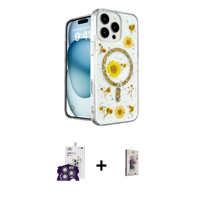 MARSİLYAN™- iPhone 16 Pro Max Kılıf Kozmos Doku - Siyah Bilvis 3D Cam Ekran Koruyucu + Bilvis Titan Kamera Lens - GS