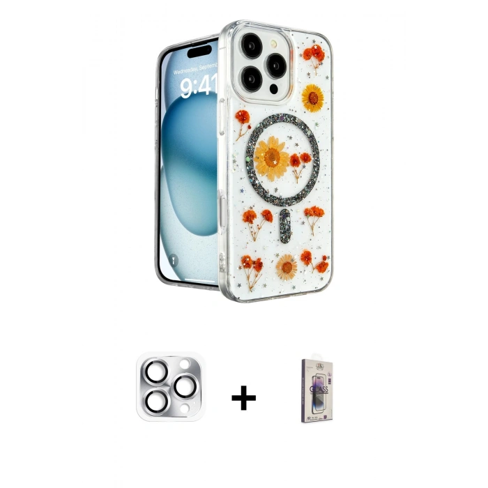MARSİLYAN™- iPhone 16 Pro Max Kılıf Kozmos Doku - Siyah Bilvis 3D Cam Ekran Koruyucu + Pers Alüminyum Kamera Lens - GS