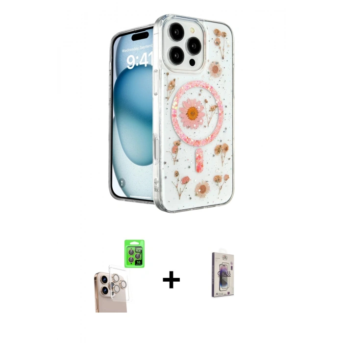 MARSİLYAN™- iPhone 16 Pro Max Kılıf Kozmos Doku - Siyah Bilvis 3D Cam Ekran Koruyucu + Raze Metal Kamera Lens - NLGY