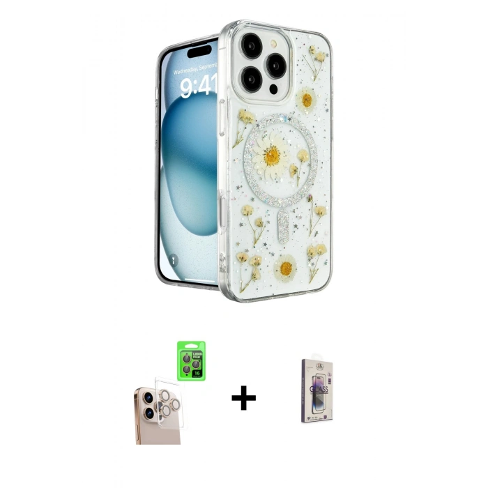MARSİLYAN™- iPhone 16 Pro Max Kılıf Kozmos Doku - Siyah Bilvis 3D Cam Ekran Koruyucu + Raze Metal Kamera Lens - NLGY