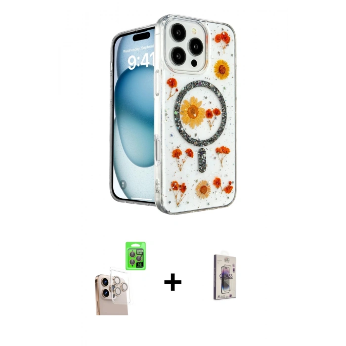 MARSİLYAN™- iPhone 16 Pro Max Kılıf Kozmos Doku - Siyah Bilvis 3D Cam Ekran Koruyucu + Raze Metal Kamera Lens - NLGY