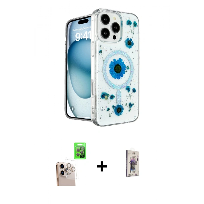 MARSİLYAN™- iPhone 16 Pro Max Kılıf Kozmos Doku - Siyah Bilvis 3D Cam Ekran Koruyucu + Raze Metal Kamera Lens - NLGY