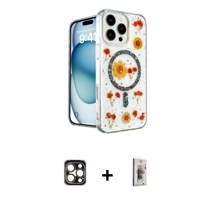 MARSİLYAN™- iPhone 16 Pro Max Kılıf Kozmos Doku - Siyah Bilvis 3D Cam Ekran Koruyucu + PVD Metal Kamera Lens - GD