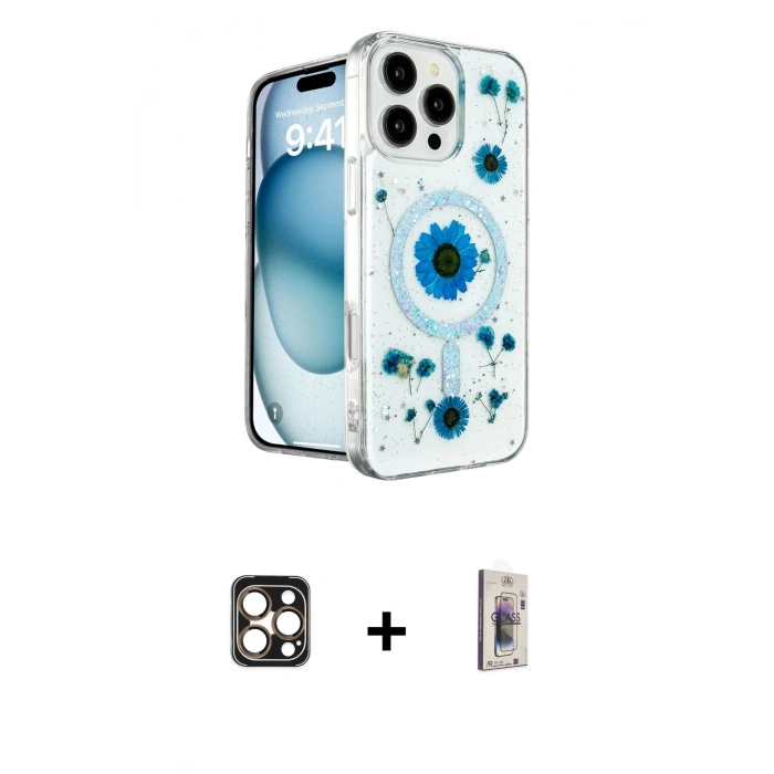 MARSİLYAN™- iPhone 16 Pro Max Kılıf Kozmos Doku - Siyah Bilvis 3D Cam Ekran Koruyucu + PVD Metal Kamera Lens - GD