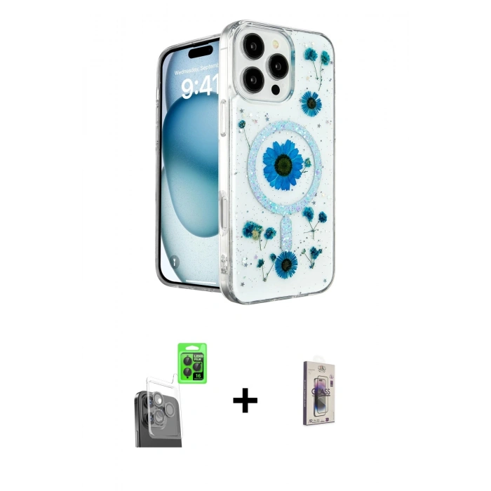 MARSİLYAN™- iPhone 16 Pro Max Kılıf Kozmos Doku - Siyah Bilvis 3D Cam Ekran Koruyucu + Raze Metal Kamera Lens - SH