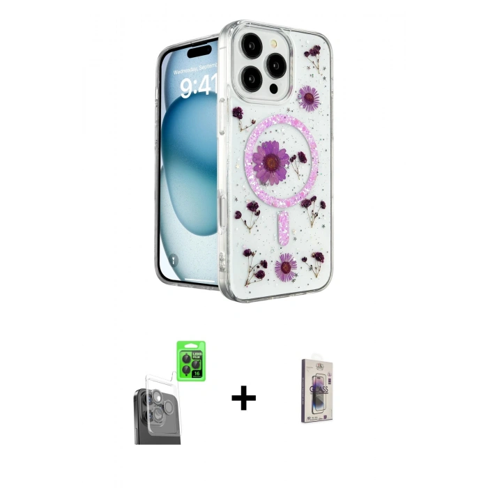 MARSİLYAN™- iPhone 16 Pro Max Kılıf Kozmos Doku - Siyah Bilvis 3D Cam Ekran Koruyucu + Raze Metal Kamera Lens - SH