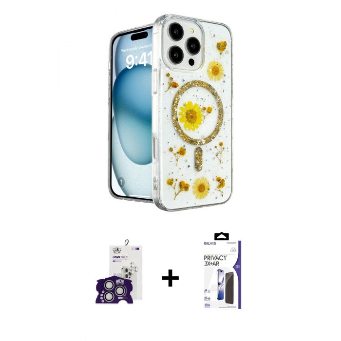 MARSİLYAN™- iPhone 16 Pro Max Kılıf Kozmos Doku - Siyah Bilvis 3X AR Hayalet Cam Ekran Koruyucu + Bilvis Titan Kamera Lens - GS