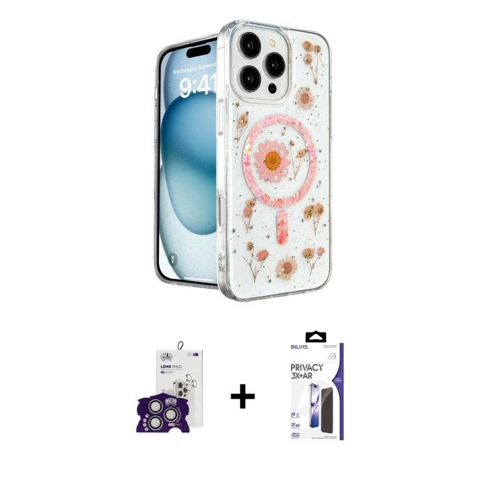 MARSİLYAN™- iPhone 16 Pro Max Kılıf Kozmos Doku - Siyah Bilvis 3X AR Hayalet Cam Ekran Koruyucu + Bilvis Titan Kamera Lens - GS