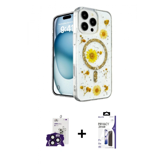 MARSİLYAN™- iPhone 16 Pro Max Kılıf Kozmos Doku - Siyah Bilvis 3X AR Hayalet Cam Ekran Koruyucu + Bilvis Titan Kamera Lens - SH
