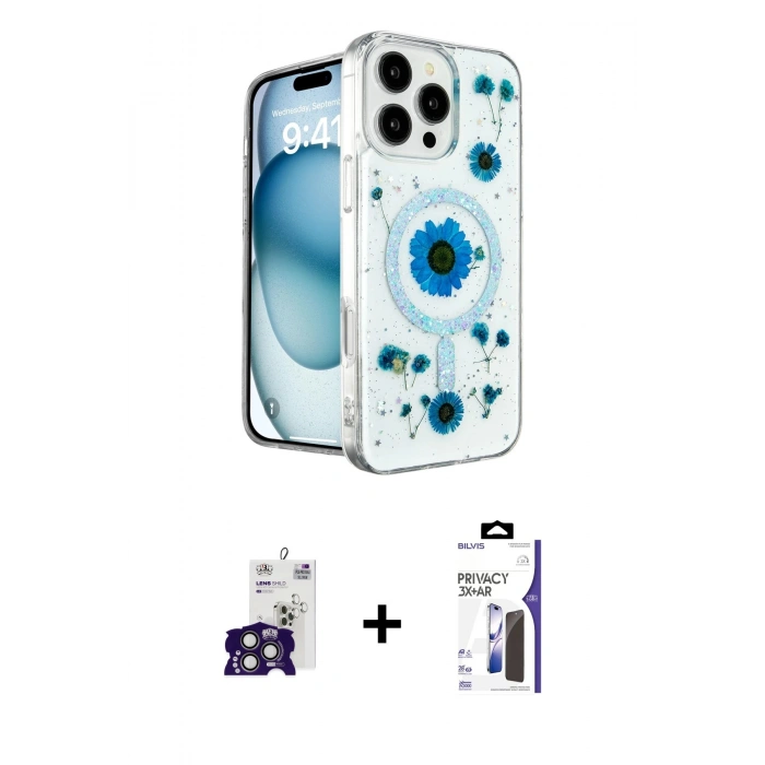 MARSİLYAN™- iPhone 16 Pro Max Kılıf Kozmos Doku - Siyah Bilvis 3X AR Hayalet Cam Ekran Koruyucu + Bilvis Titan Kamera Lens - TMGI