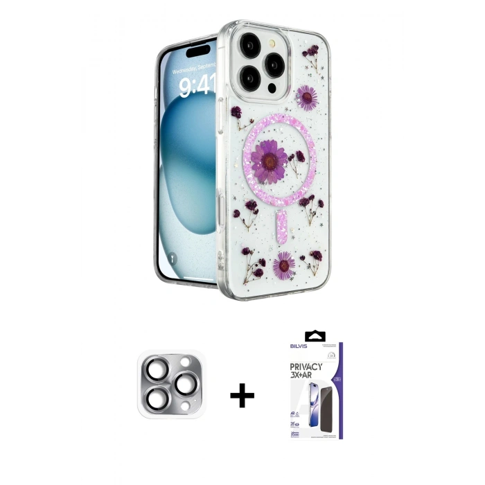 MARSİLYAN™- iPhone 16 Pro Max Kılıf Kozmos Doku - Siyah Bilvis 3X AR Hayalet Cam Ekran Koruyucu + Pers Alüminyum Kamera Lens - GI
