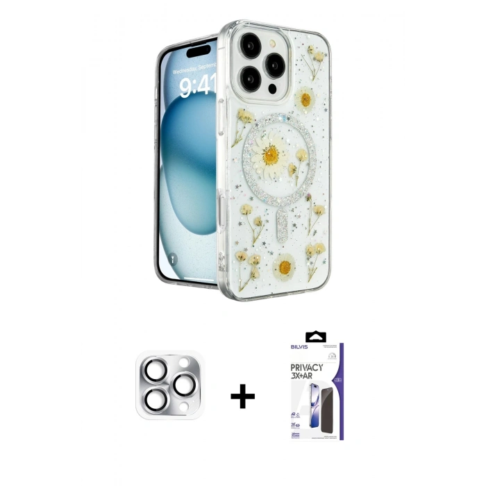 MARSİLYAN™- iPhone 16 Pro Max Kılıf Kozmos Doku - Siyah Bilvis 3X AR Hayalet Cam Ekran Koruyucu + Pers Alüminyum Kamera Lens - GS