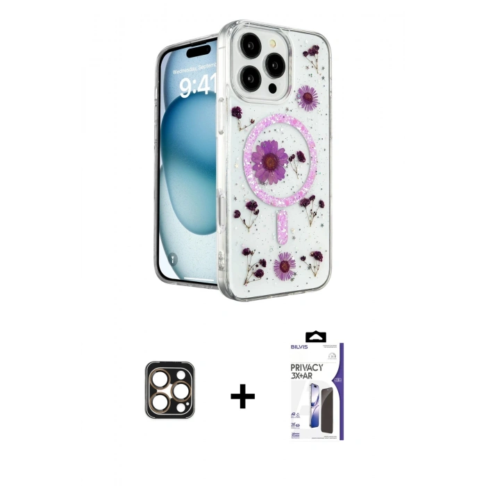 MARSİLYAN™- iPhone 16 Pro Max Kılıf Kozmos Doku - Siyah Bilvis 3X AR Hayalet Cam Ekran Koruyucu + PVD Metal Kamera Lens - GD