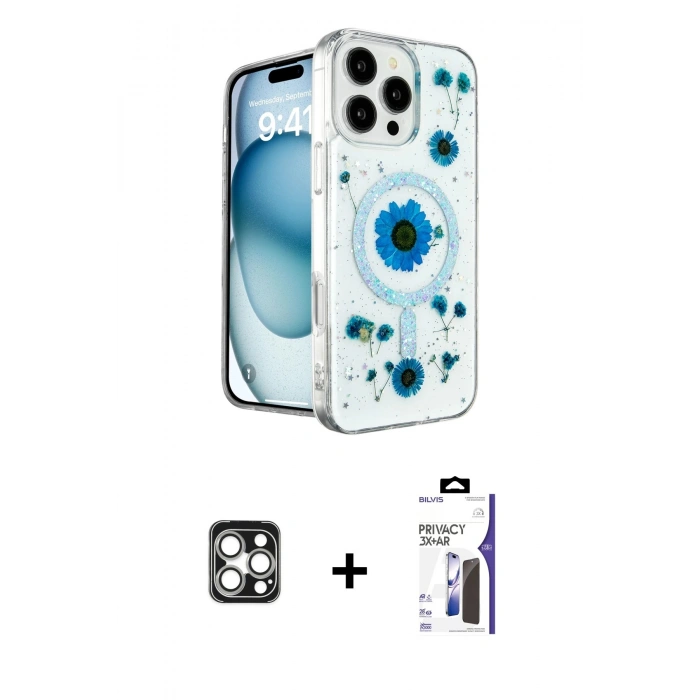 MARSİLYAN™- iPhone 16 Pro Max Kılıf Kozmos Doku - Siyah Bilvis 3X AR Hayalet Cam Ekran Koruyucu + PVD Metal Kamera Lens - GS