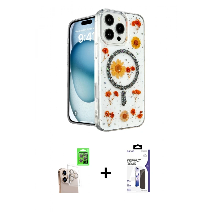 MARSİLYAN™- iPhone 16 Pro Max Kılıf Kozmos Doku - Siyah Bilvis 3X AR Hayalet Cam Ekran Koruyucu + Raze Metal Kamera Lens - NLGY