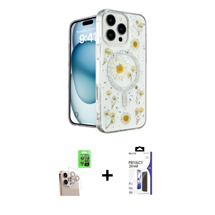 MARSİLYAN™- iPhone 16 Pro Max Kılıf Kozmos Doku - Siyah Bilvis 3X AR Hayalet Cam Ekran Koruyucu + Raze Metal Kamera Lens - NLGY