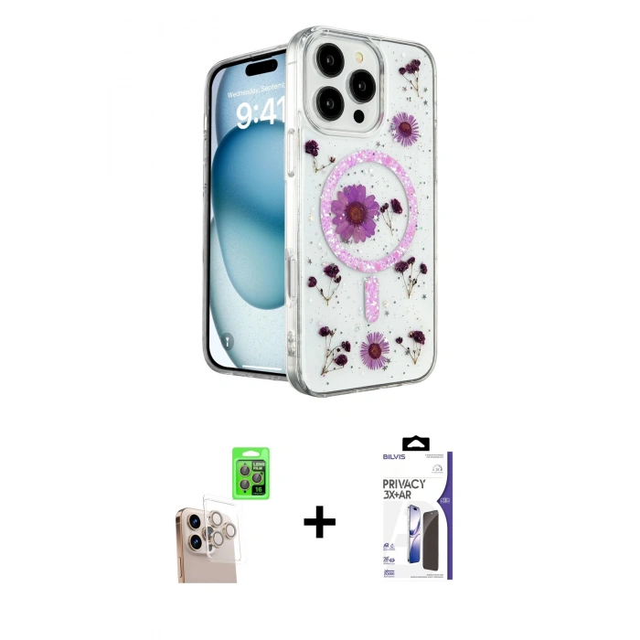 MARSİLYAN™- iPhone 16 Pro Max Kılıf Kozmos Doku - Siyah Bilvis 3X AR Hayalet Cam Ekran Koruyucu + Raze Metal Kamera Lens - NLGY