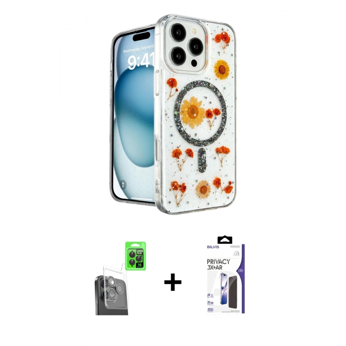 MARSİLYAN™- iPhone 16 Pro Max Kılıf Kozmos Doku - Siyah Bilvis 3X AR Hayalet Cam Ekran Koruyucu + Raze Metal Kamera Lens - SH