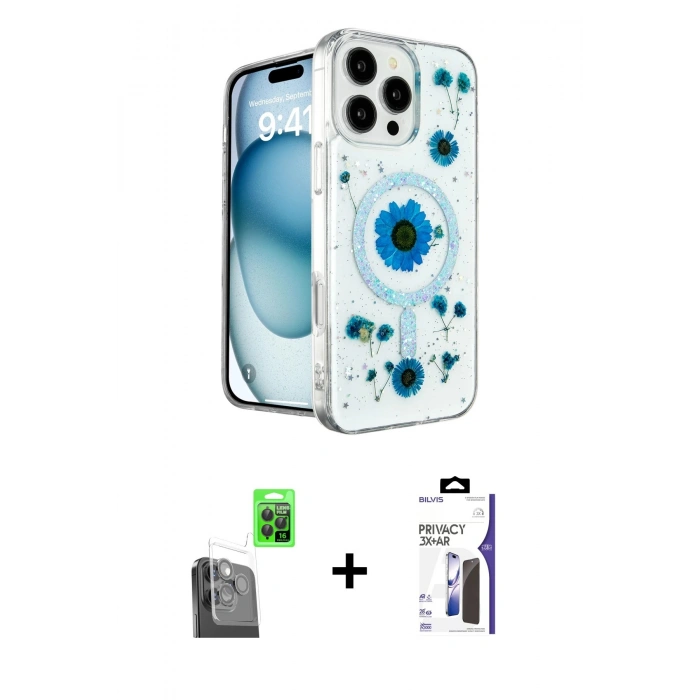 MARSİLYAN™- iPhone 16 Pro Max Kılıf Kozmos Doku - Siyah Bilvis 3X AR Hayalet Cam Ekran Koruyucu + Raze Metal Kamera Lens - SH