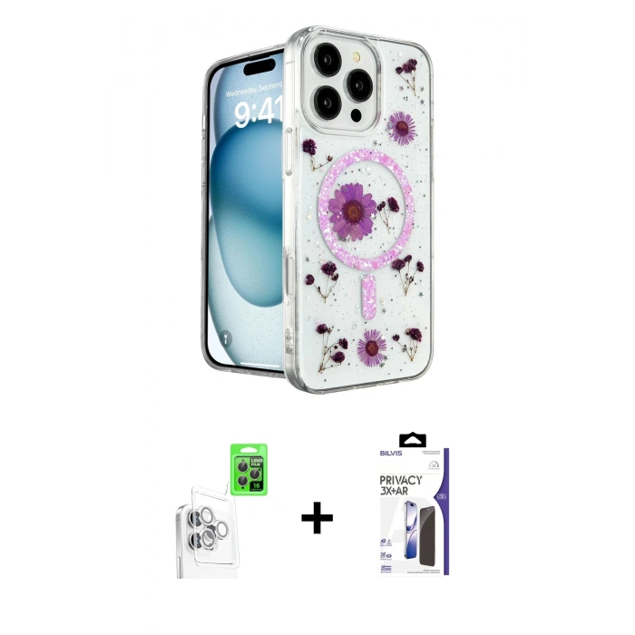 MARSİLYAN™- iPhone 16 Pro Max Kılıf Kozmos Doku - Siyah Bilvis 3X AR Hayalet Cam Ekran Koruyucu + Raze Metal Kamera Lens - BZ