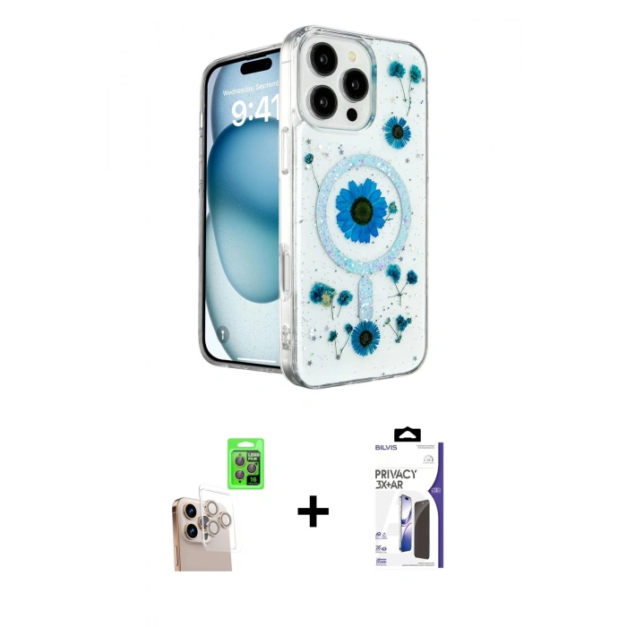 MARSİLYAN™- iPhone 16 Pro Max Kılıf Kozmos Doku - Siyah Bilvis 3X AR Hayalet Cam Ekran Koruyucu + Raze Metal Kamera Lens - NLGY