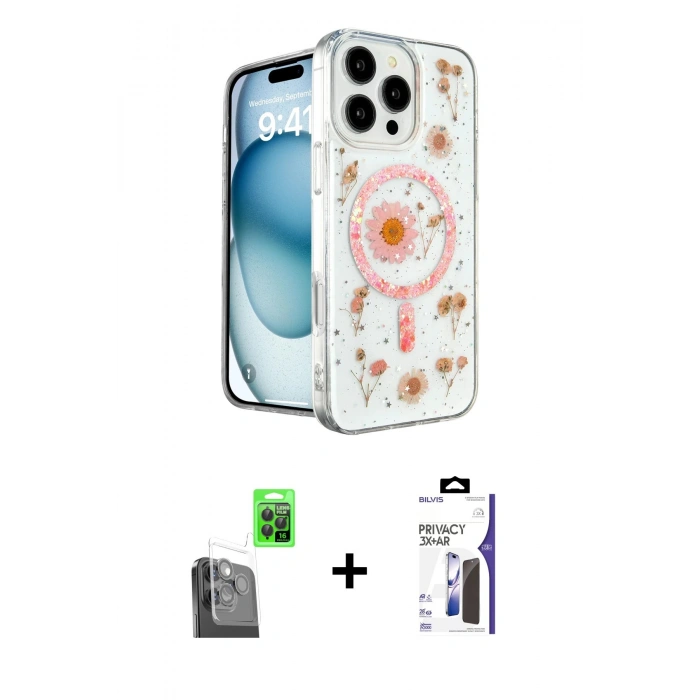 MARSİLYAN™- iPhone 16 Pro Max Kılıf Kozmos Doku - Siyah Bilvis 3X AR Hayalet Cam Ekran Koruyucu + Raze Metal Kamera Lens - SH