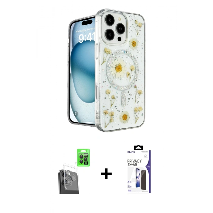 MARSİLYAN™- iPhone 16 Pro Max Kılıf Kozmos Doku - Siyah Bilvis 3X AR Hayalet Cam Ekran Koruyucu + Raze Metal Kamera Lens - SH