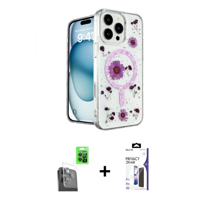 MARSİLYAN™- iPhone 16 Pro Max Kılıf Kozmos Doku - Siyah Bilvis 3X AR Hayalet Cam Ekran Koruyucu + Raze Metal Kamera Lens - SH