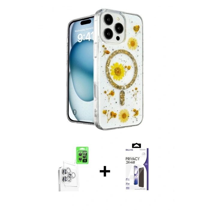 MARSİLYAN™- iPhone 16 Pro Max Kılıf Kozmos Doku - Siyah Bilvis 3X AR Hayalet Cam Ekran Koruyucu + Raze Metal Kamera Lens - BZ