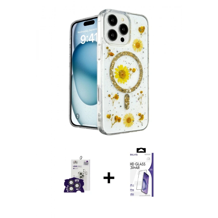 MARSİLYAN™- iPhone 16 Pro Max Kılıf Kozmos Doku - Siyah Bilvis 3X AR HD Cam Ekran Koruyucu + Bilvis Titan Kamera Lens - TMGI