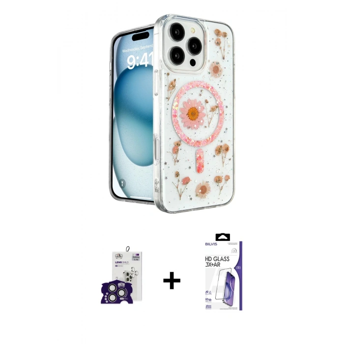 MARSİLYAN™- iPhone 16 Pro Max Kılıf Kozmos Doku - Siyah Bilvis 3X AR HD Cam Ekran Koruyucu + Bilvis Titan Kamera Lens - TMGI